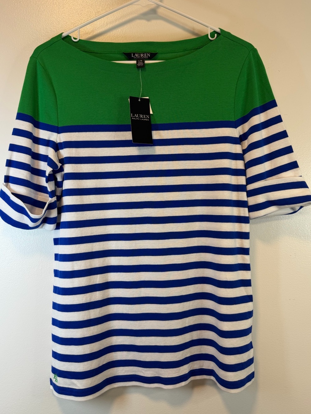 Lauren Ralph Lauren Green Yoke Blue & White Striped Short Sleeve Top Size large